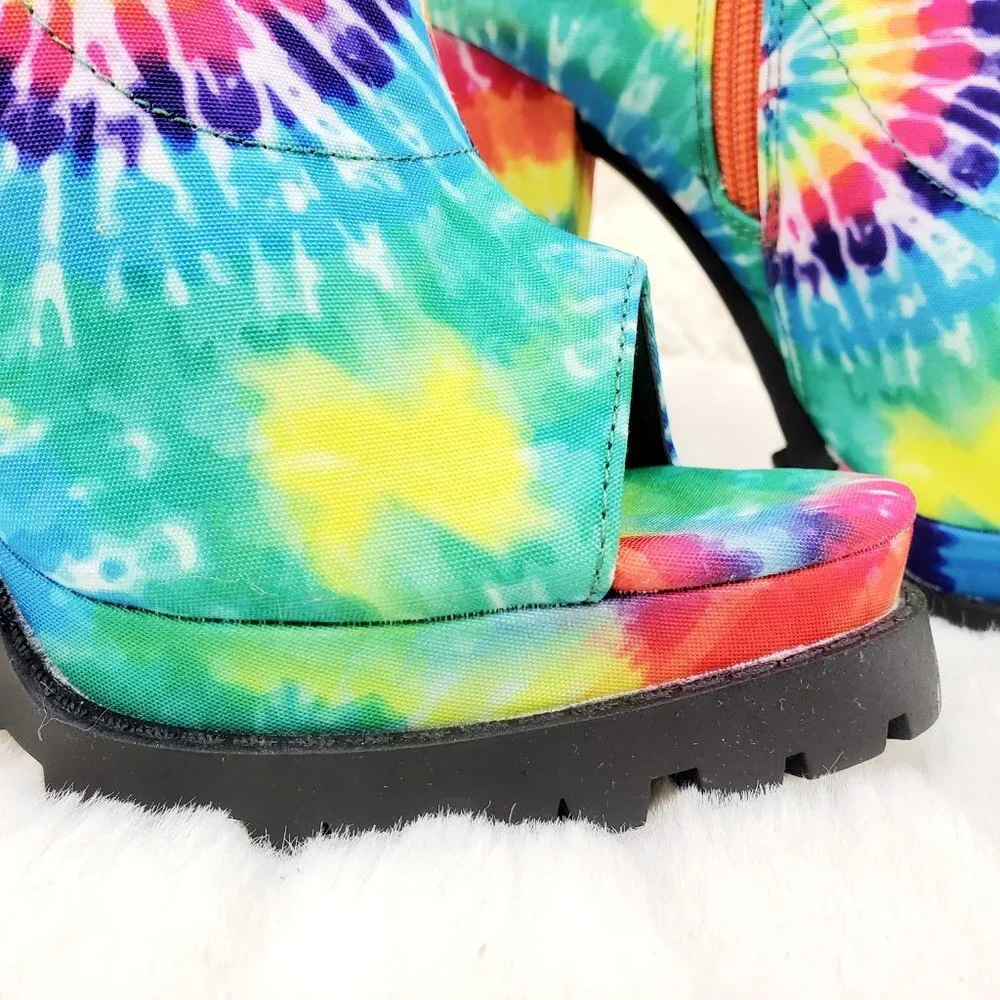 Trippin Colorful Tie Dye Open Toe Chunky Platform Heel Ankle Boots - Picture 3 of 11